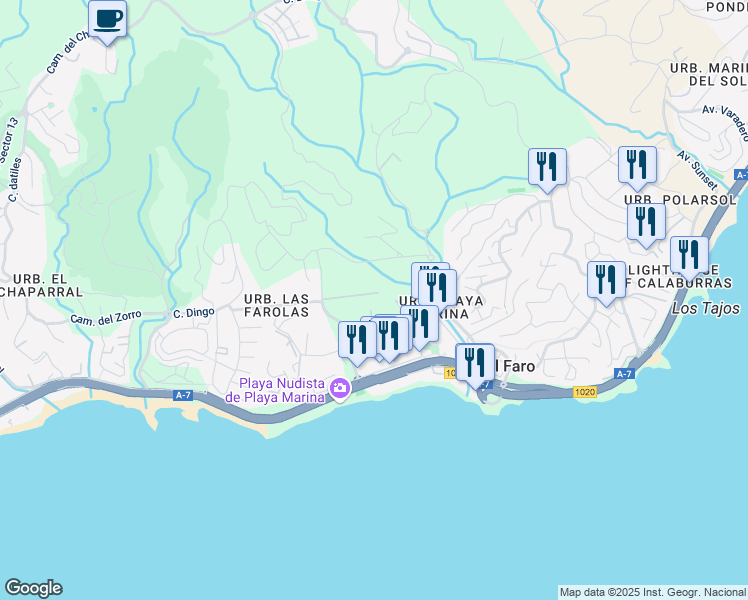 map of restaurants, bars, coffee shops, grocery stores, and more near 1B Calle Aralia in Las Lagunas de Mijas