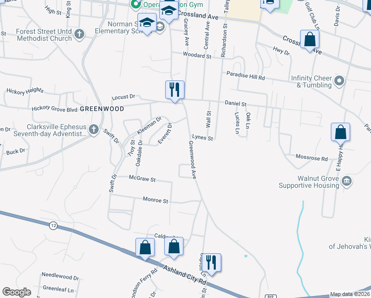 map of restaurants, bars, coffee shops, grocery stores, and more near 952 Greenwood Avenue in Clarksville