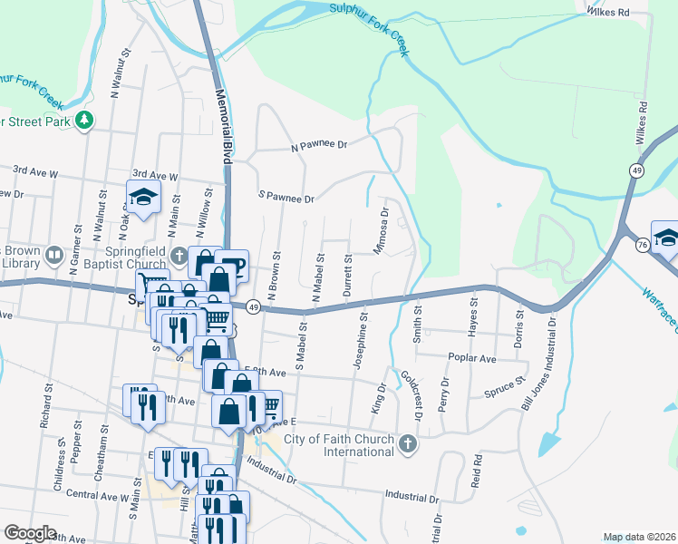 map of restaurants, bars, coffee shops, grocery stores, and more near 414 North Mabel Street in Springfield