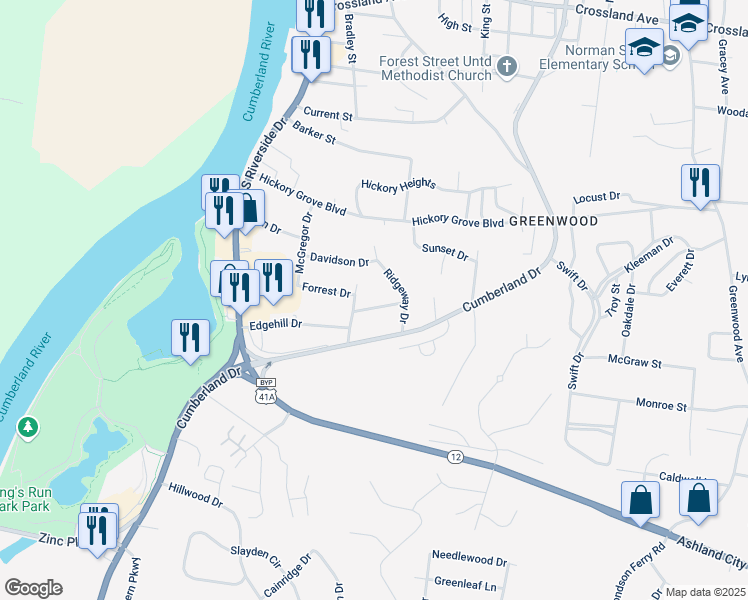 map of restaurants, bars, coffee shops, grocery stores, and more near 1009 Buck Drive in Clarksville