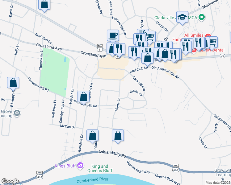map of restaurants, bars, coffee shops, grocery stores, and more near 406 Hietts Lane in Clarksville