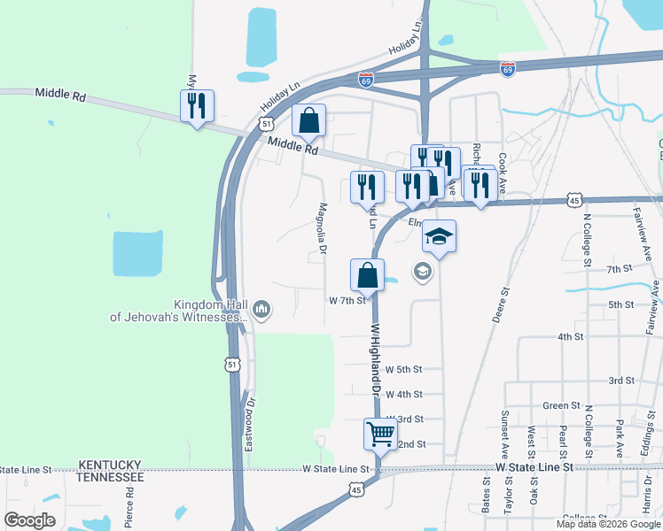 map of restaurants, bars, coffee shops, grocery stores, and more near 1121-1131 Magnolia Drive in Fulton