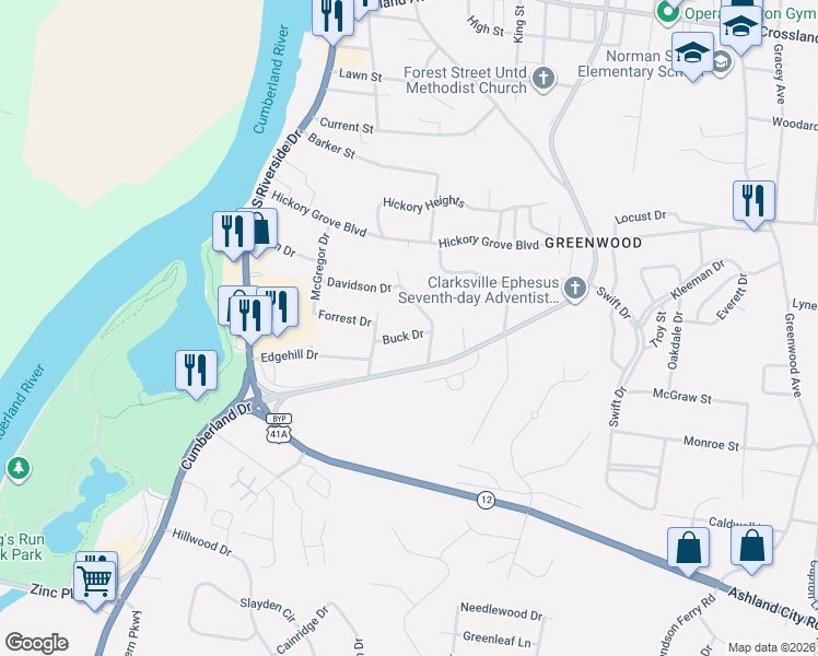 map of restaurants, bars, coffee shops, grocery stores, and more near 1009 Buck Drive in Clarksville