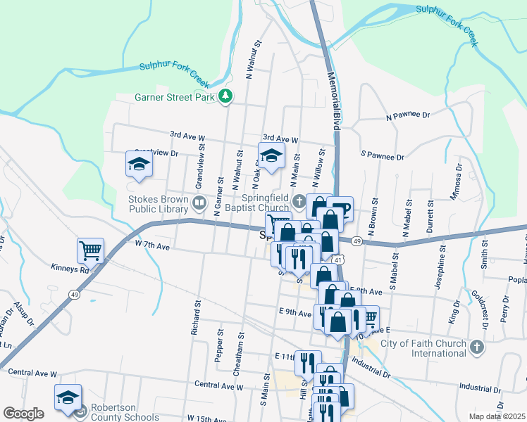 map of restaurants, bars, coffee shops, grocery stores, and more near 401415 Locust Street in Springfield