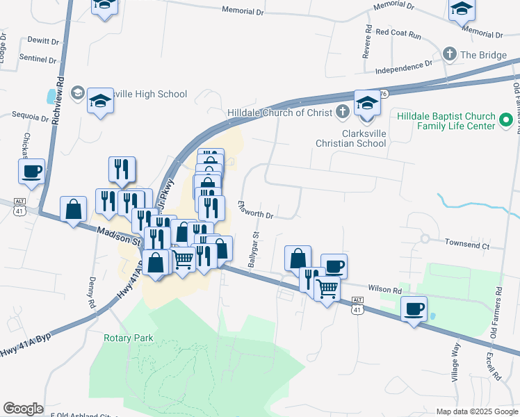 map of restaurants, bars, coffee shops, grocery stores, and more near 2359 Ellsworth Drive in Clarksville
