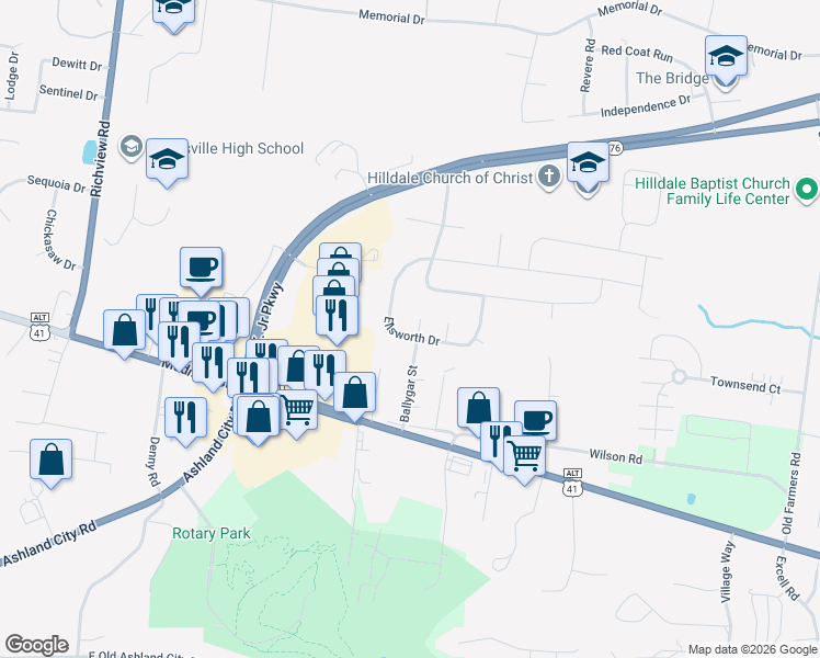map of restaurants, bars, coffee shops, grocery stores, and more near 280 Ballygar Court in Clarksville