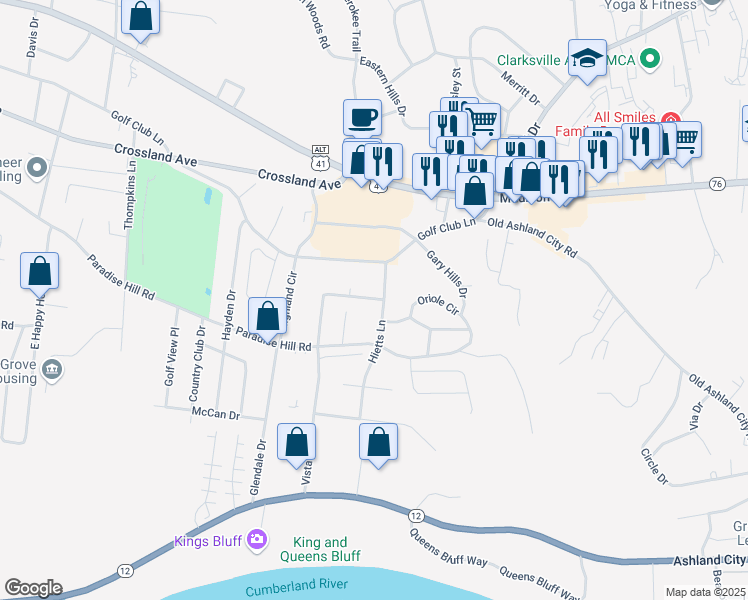 map of restaurants, bars, coffee shops, grocery stores, and more near 1664 Vista Lane in Clarksville