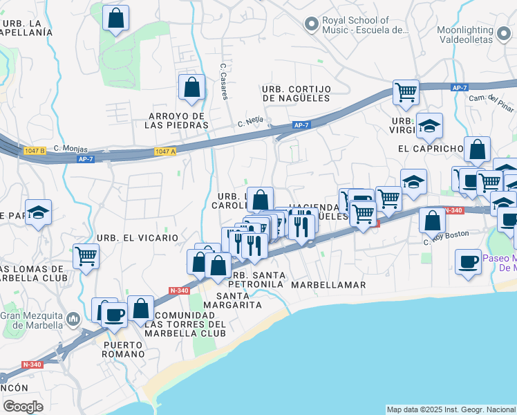 map of restaurants, bars, coffee shops, grocery stores, and more near 10 Calle Margarita in Marbella