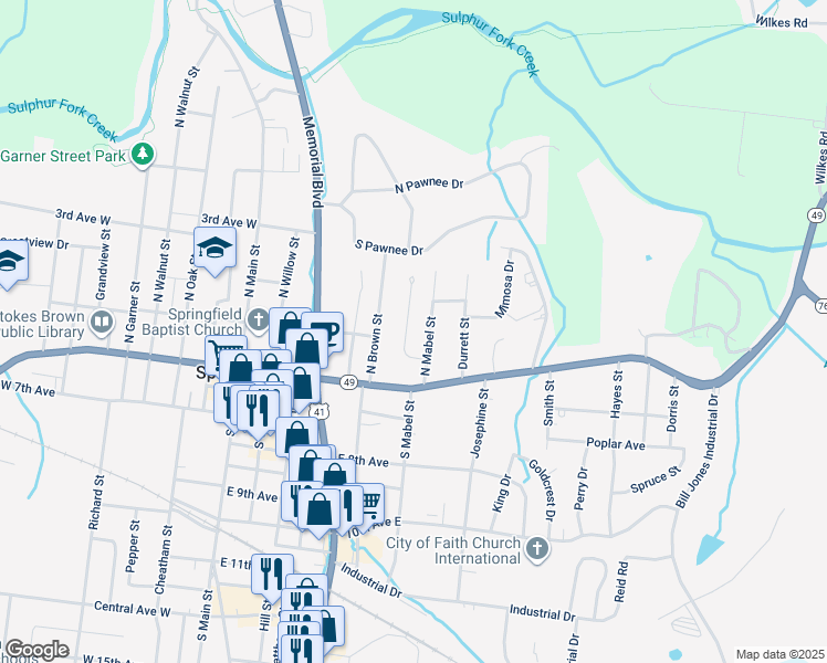 map of restaurants, bars, coffee shops, grocery stores, and more near 410 Grace Street in Springfield