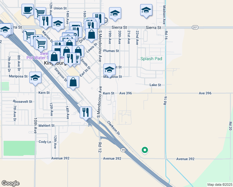 map of restaurants, bars, coffee shops, grocery stores, and more near 1295 Ave 396 in Kingsburg
