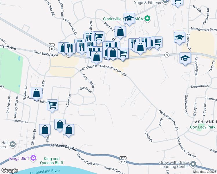 map of restaurants, bars, coffee shops, grocery stores, and more near 104 Wilson Court in Clarksville