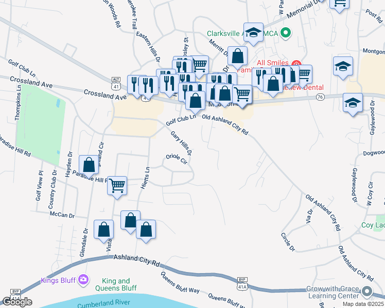 map of restaurants, bars, coffee shops, grocery stores, and more near 453 Gary Hills Drive in Clarksville
