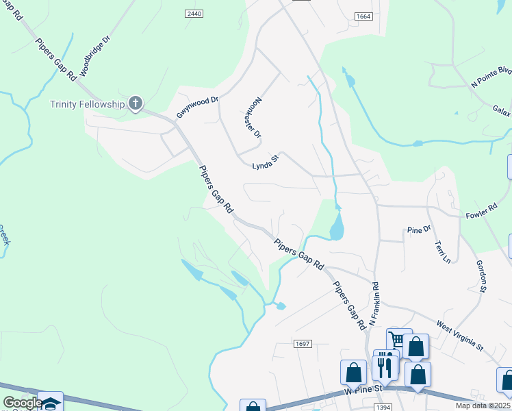 map of restaurants, bars, coffee shops, grocery stores, and more near 132 Montgomery Lane in Mount Airy