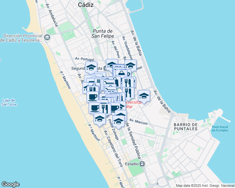 map of restaurants, bars, coffee shops, grocery stores, and more near 31 Calle Muñoz Seca in Cádiz