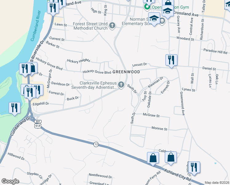 map of restaurants, bars, coffee shops, grocery stores, and more near 933-1/2 Cumberland Drive in Clarksville