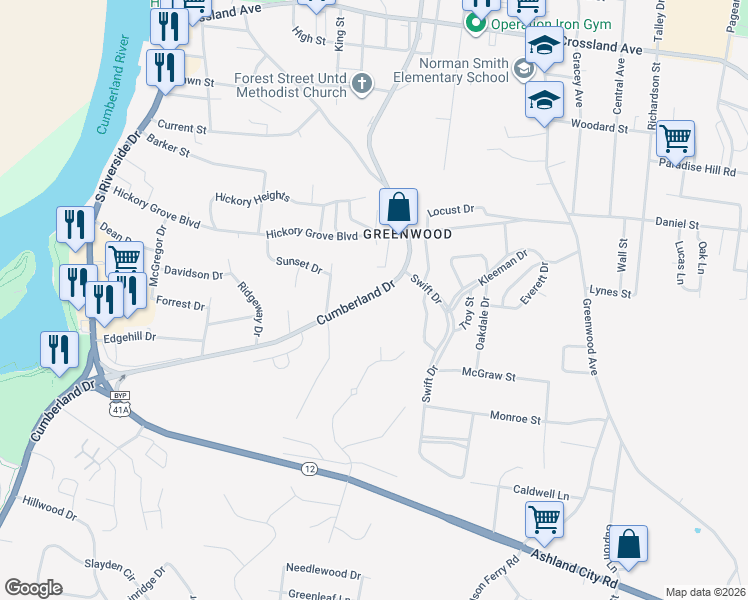 map of restaurants, bars, coffee shops, grocery stores, and more near 933-1/2 Cumberland Drive in Clarksville