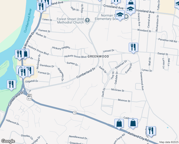 map of restaurants, bars, coffee shops, grocery stores, and more near 930 Cumberland Drive in Clarksville