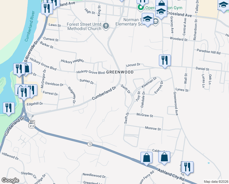map of restaurants, bars, coffee shops, grocery stores, and more near 933 1/2 Cumberland Drive in Clarksville