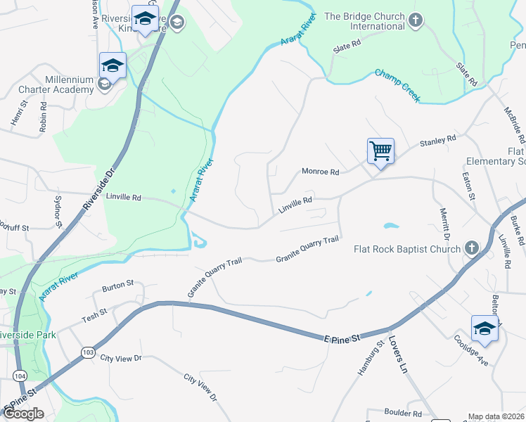 map of restaurants, bars, coffee shops, grocery stores, and more near 789 Linville Road in Mount Airy