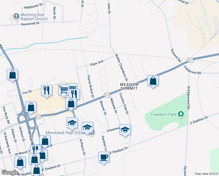 map of restaurants, bars, coffee shops, grocery stores, and more near 306 Meadowview Lane in Eden