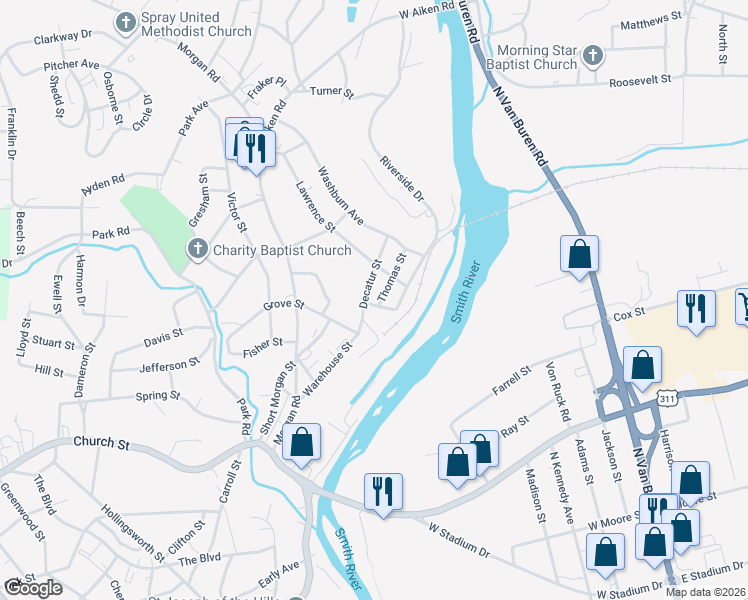 map of restaurants, bars, coffee shops, grocery stores, and more near 417 Decatur Street in Eden