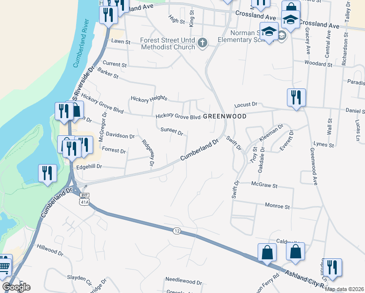 map of restaurants, bars, coffee shops, grocery stores, and more near 1030 Sunset Drive in Clarksville