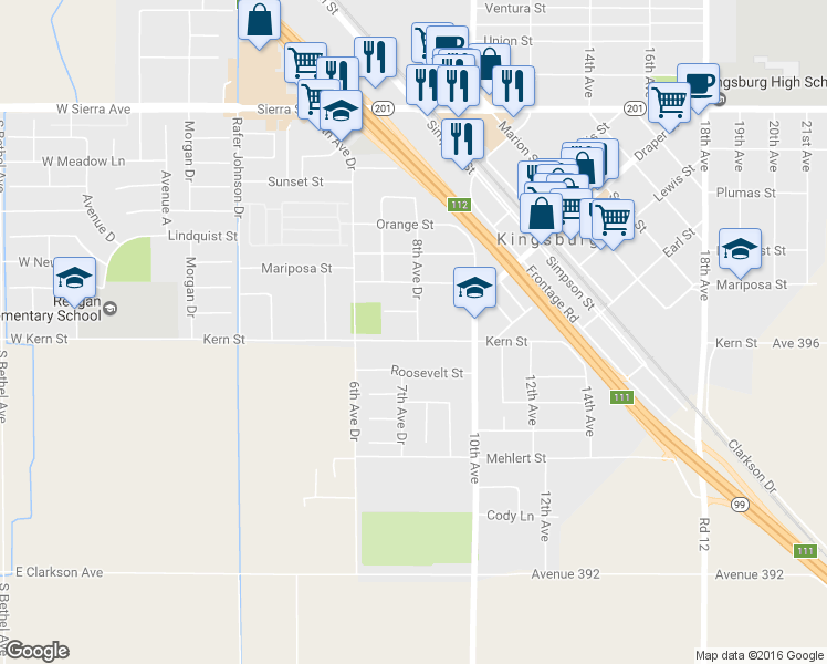 map of restaurants, bars, coffee shops, grocery stores, and more near 1131 8th Avenue Drive in Kingsburg