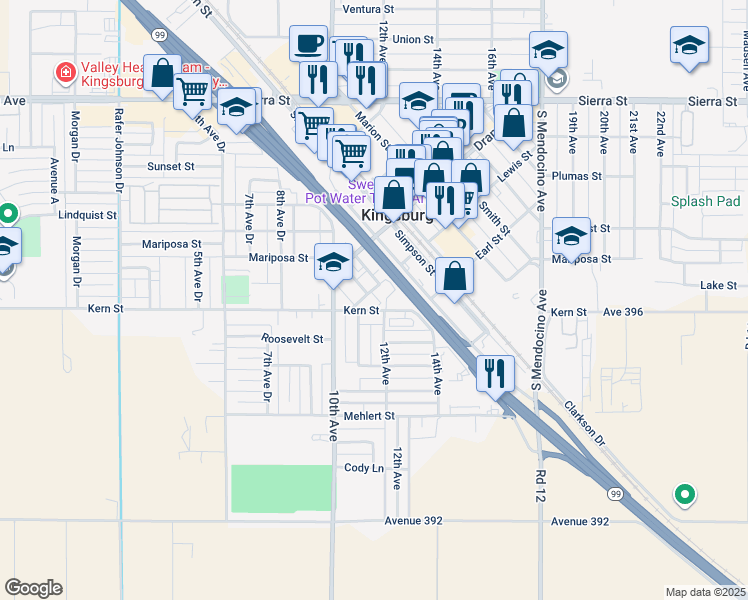 map of restaurants, bars, coffee shops, grocery stores, and more near 1180 Lewis Street in Kingsburg