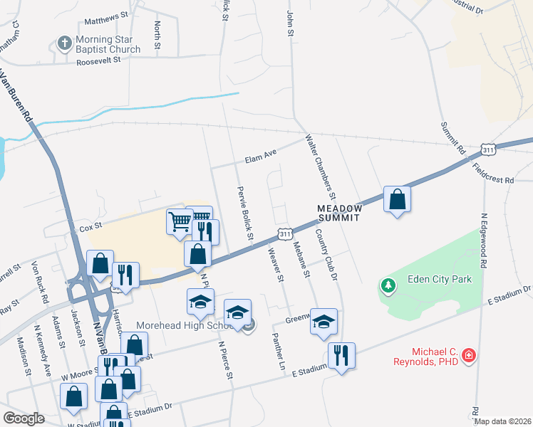 map of restaurants, bars, coffee shops, grocery stores, and more near 323 Frank Cherry Street in Eden