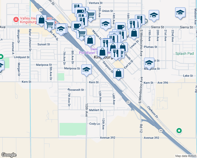map of restaurants, bars, coffee shops, grocery stores, and more near 1180 Lewis Street in Kingsburg