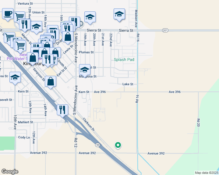 map of restaurants, bars, coffee shops, grocery stores, and more near 1412 Avenue 396 in Kingsburg