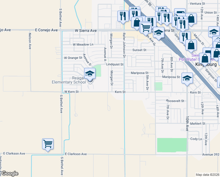 map of restaurants, bars, coffee shops, grocery stores, and more near 1141 Morgan Drive in Kingsburg