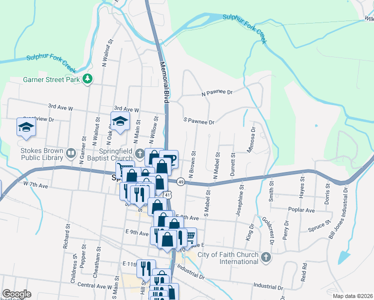 map of restaurants, bars, coffee shops, grocery stores, and more near 317 North Brown Street in Springfield