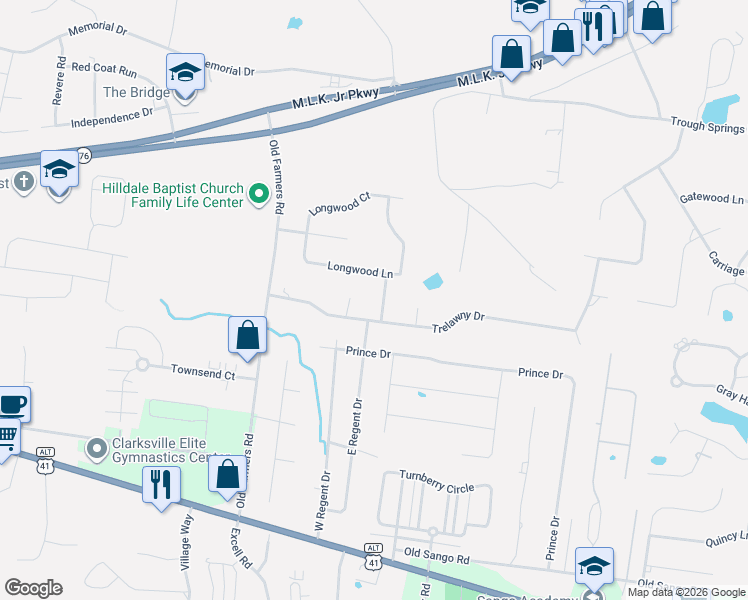 map of restaurants, bars, coffee shops, grocery stores, and more near 212 Ashebrooke Lane in Clarksville