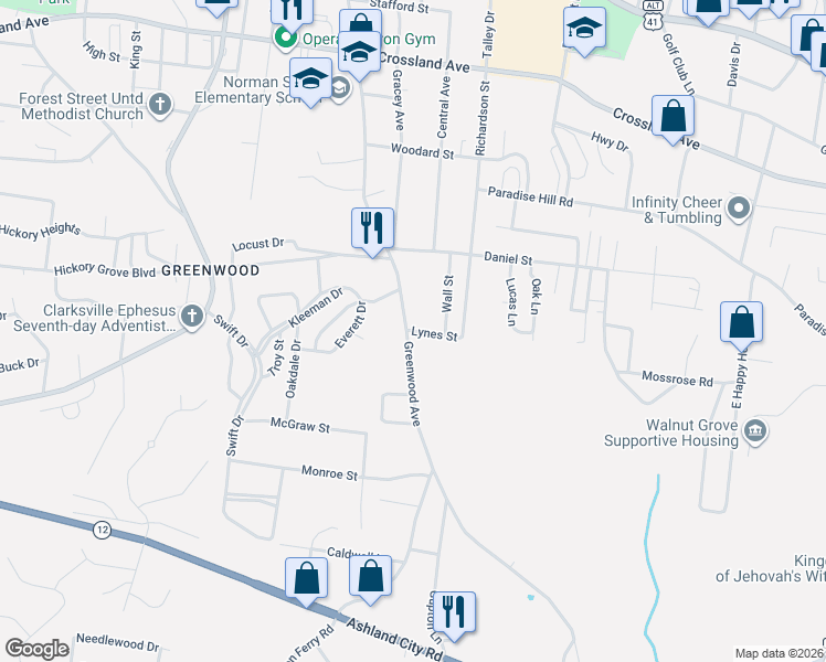 map of restaurants, bars, coffee shops, grocery stores, and more near 923 Greenwood Avenue in Clarksville