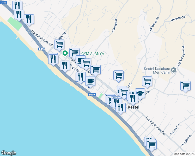 map of restaurants, bars, coffee shops, grocery stores, and more near Ptt Caddesi in Alanya