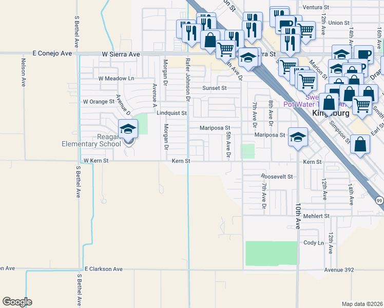 map of restaurants, bars, coffee shops, grocery stores, and more near 1178 Cardinal Lane in Kingsburg
