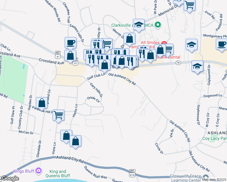 map of restaurants, bars, coffee shops, grocery stores, and more near 10 Proctor Drive in Clarksville