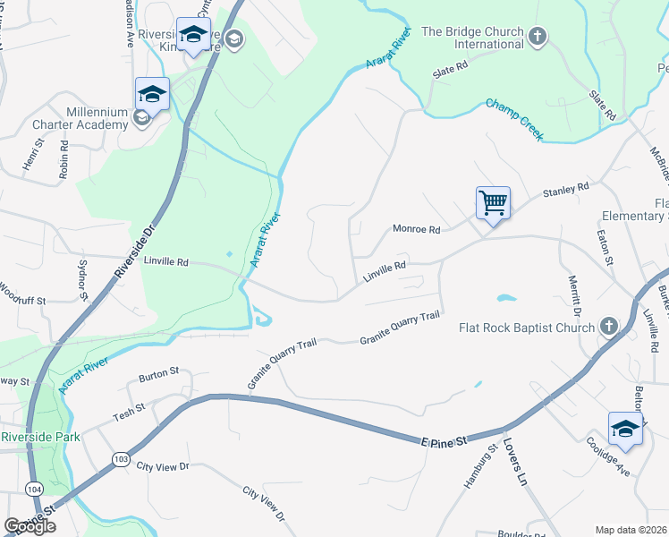 map of restaurants, bars, coffee shops, grocery stores, and more near 789 Linville Road in Mount Airy