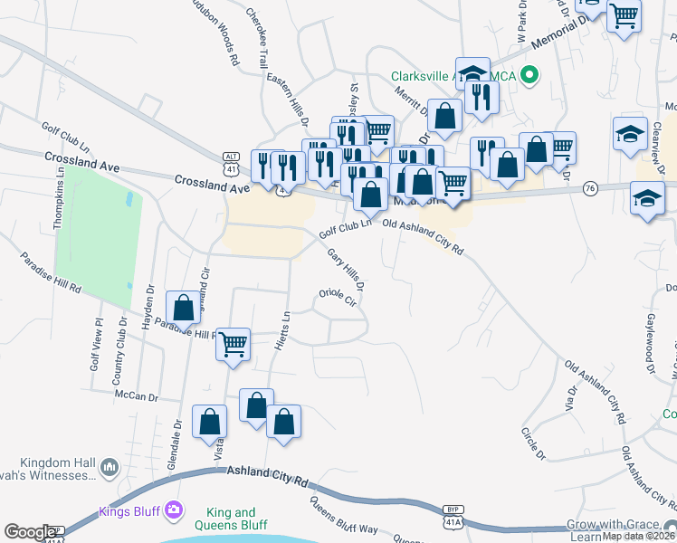 map of restaurants, bars, coffee shops, grocery stores, and more near 424 Gary Hills Drive in Clarksville