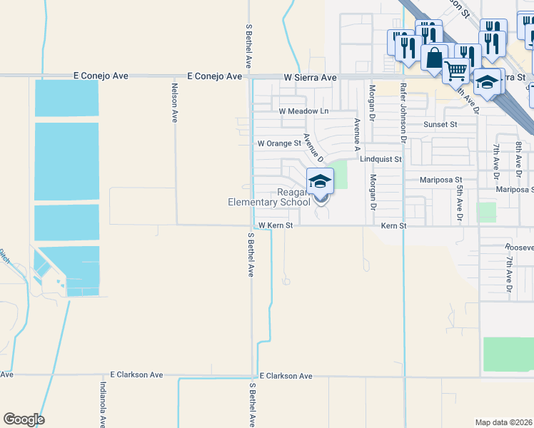 map of restaurants, bars, coffee shops, grocery stores, and more near 600 West Lake Street in Kingsburg
