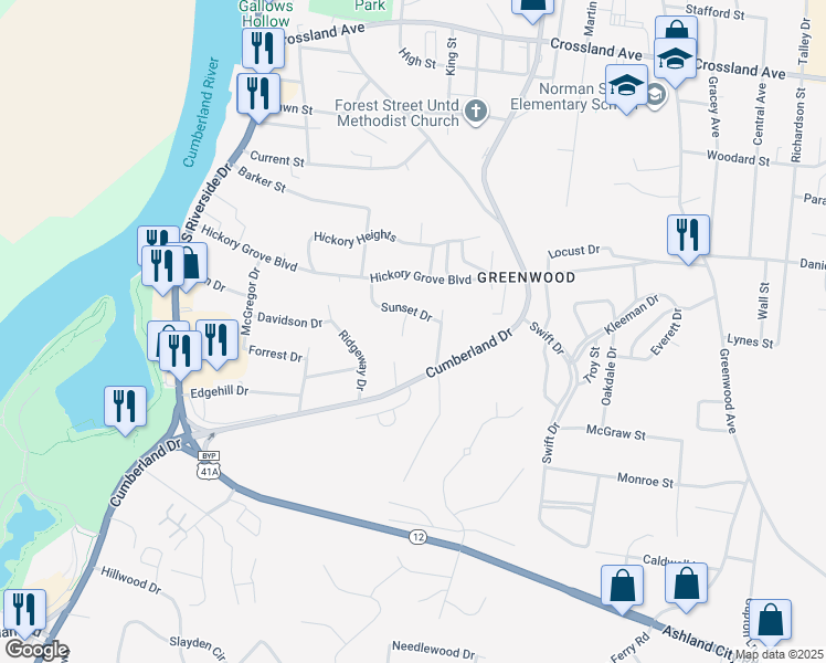 map of restaurants, bars, coffee shops, grocery stores, and more near 1030 Sunset Drive in Clarksville