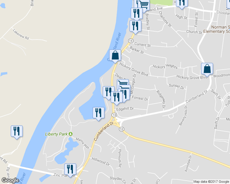 map of restaurants, bars, coffee shops, grocery stores, and more near 1029 South Riverside Drive in Clarksville