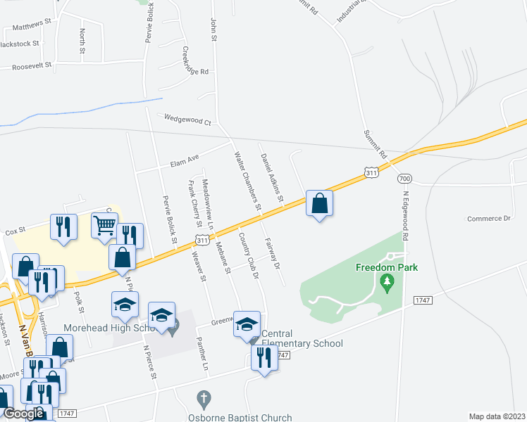 map of restaurants, bars, coffee shops, grocery stores, and more near 503 East Meadow Road in Eden