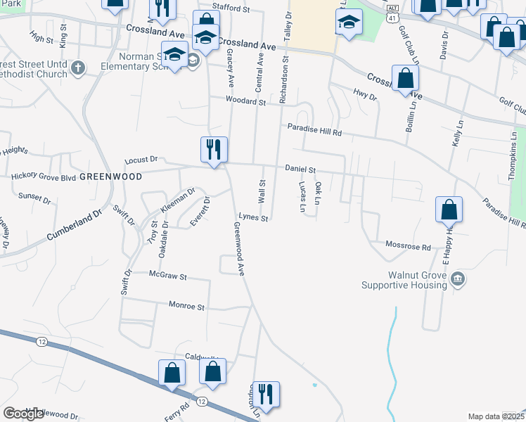 map of restaurants, bars, coffee shops, grocery stores, and more near 946 Richardson Street in Clarksville