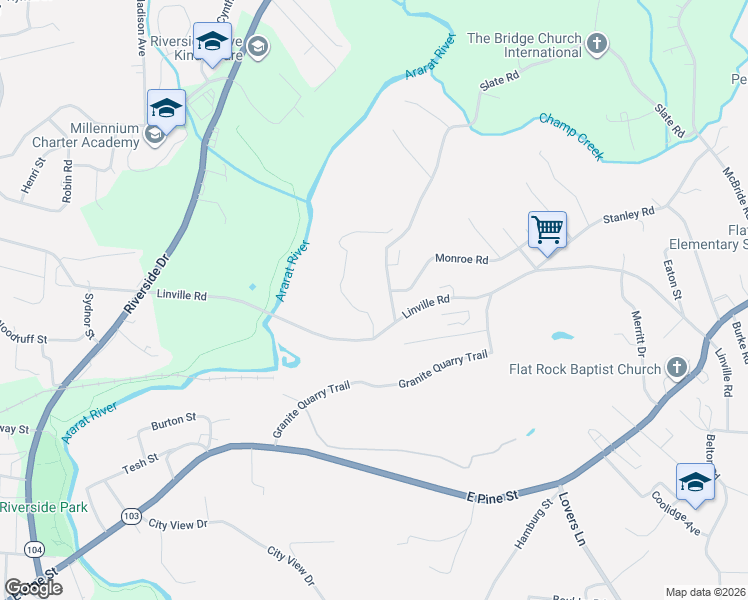 map of restaurants, bars, coffee shops, grocery stores, and more near 789 Linville Road in Mount Airy