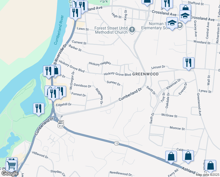 map of restaurants, bars, coffee shops, grocery stores, and more near 304 Birdsong Trace in Clarksville