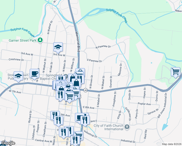 map of restaurants, bars, coffee shops, grocery stores, and more near 317 North Brown Street in Springfield