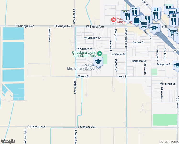 map of restaurants, bars, coffee shops, grocery stores, and more near 1175 Diane Avenue in Kingsburg