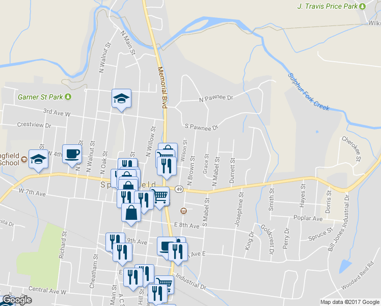 map of restaurants, bars, coffee shops, grocery stores, and more near 317 North Brown Street in Springfield